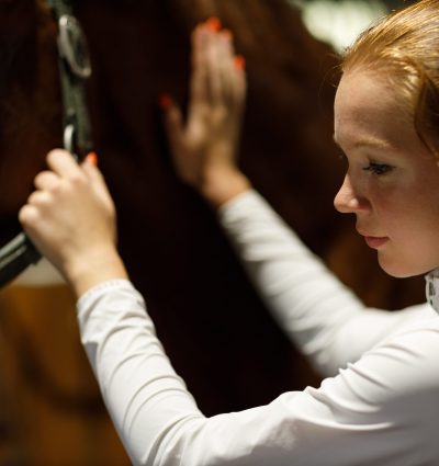 Woman rider jockey at stable preparing her horse on Badminton Horse Trials