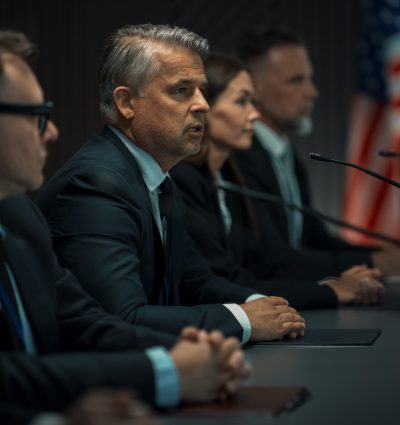 Representante de uma organização masculina caucasiana discursando em uma conferência econômica. Chefe da delegação dos Estados Unidos discursando em uma cúpula política internacional. Diversos delegados ouvindo.