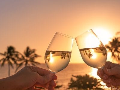 Brindis con copas de vino en un hermoso entorno de playa al atardecer.