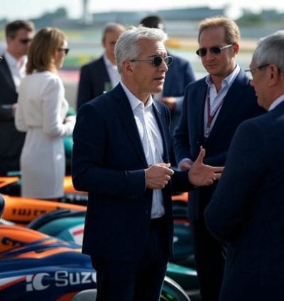 Executives at a pitstop in a F1 circuit.