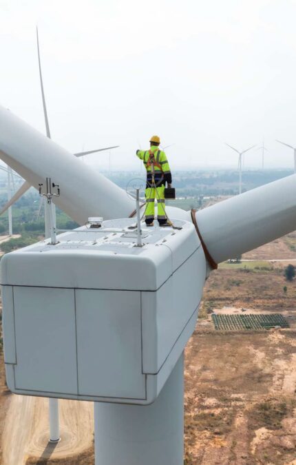 Worker atop an electric windmill.