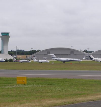 Exterior view of Farnborough Airport in London.