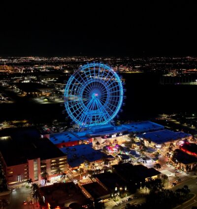 Nighttime aerial view of the city of Orlando.
