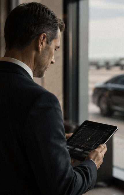 A business aviation professional checking some data inside a building. Outside, the runway is visible, with a luxury vehicle and a private jet.