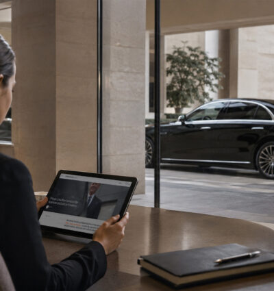 A luxury vehicle seen from inside a luxury hotel.