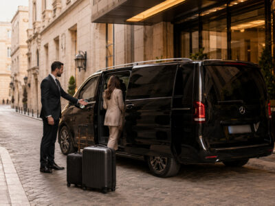 Passengers getting out of a luxury minivan upon arrival at the hotel.