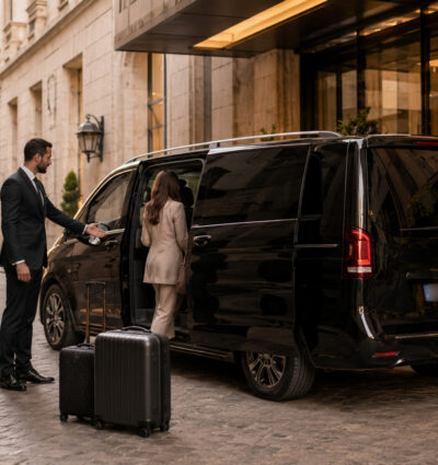 Passengers getting out of a luxury minivan upon arrival at the hotel.