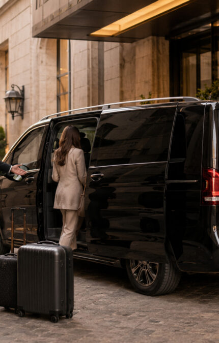 passageiros descendo de uma minivan de luxo ao chegarem ao hotel.