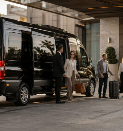 Passengers getting off a luxury minibus while their luggage is being unloaded upon arrival at their destination.