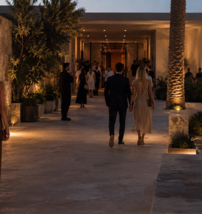 A couple arriving at a private party at a nightclub in Ibiza.