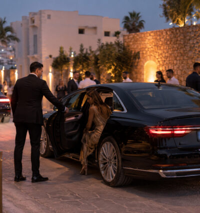 A luxury vehicle dropping off a young woman at the entrance to a private party in Ibiza.
