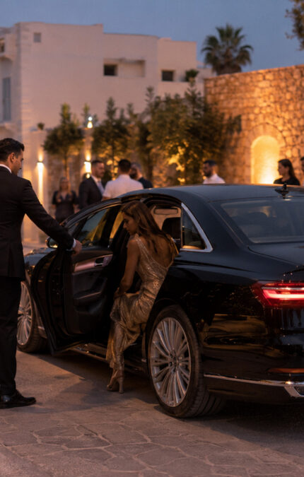 Vehículo de alta gamada dejando a una mujer joven en la entrada del lugar donde se celebra una fiesta privada en Ibiza.