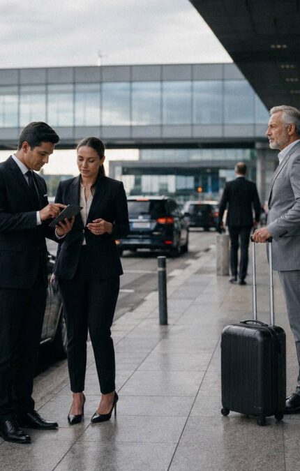 Businessman next to a chauffeur and his vehicle, while a coordinator or executive assistant checks some details with the chauffeur.