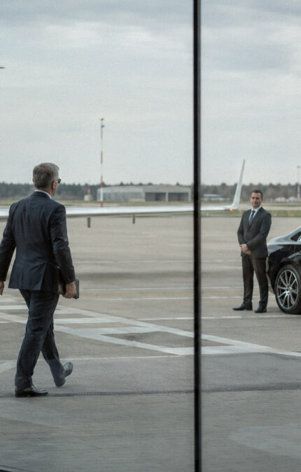 Un chófer espera junto a su vehículo en la pista, frente a las instalaciones de un FBO en un aeropuerto ejecutivo.